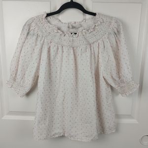 Loft Women's M White Embroidered Ruffle Cotton Long Puff Sleeved Tee Shirt